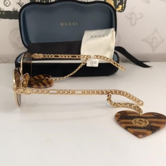 New Authentic Gucci GG0977S 002 Gold Cat-Eye Sunglasses Brown Lenses - Picture 7 of 11